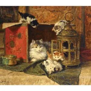 A Mother Cat Watching Her Kittens Playing, 1900