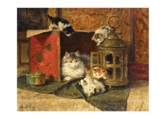 A Mother Cat Watching Her Kittens Playing, 1900